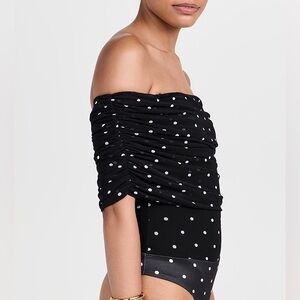 AFRM Divya Thong Bodysuit Black & White Polka Dot Sheer Off The Shoulder Medium